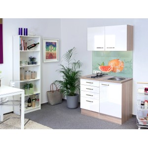 Flex-Well Miniküche Valero, 100 cm, Weiß Hochglanz/Sonoma Eiche, mit Kochfeld und Spüle.