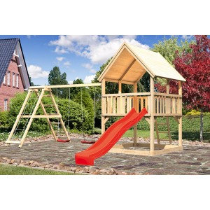 Karibu Spielturm Luis mit Doppelschaukel, Klettergerüst und roter Rutsche aus naturbelassenem Holz.