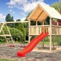 Karibu Spielturm Luis mit Doppelschaukel, Klettergerüst und roter Rutsche aus naturbelassenem Holz.