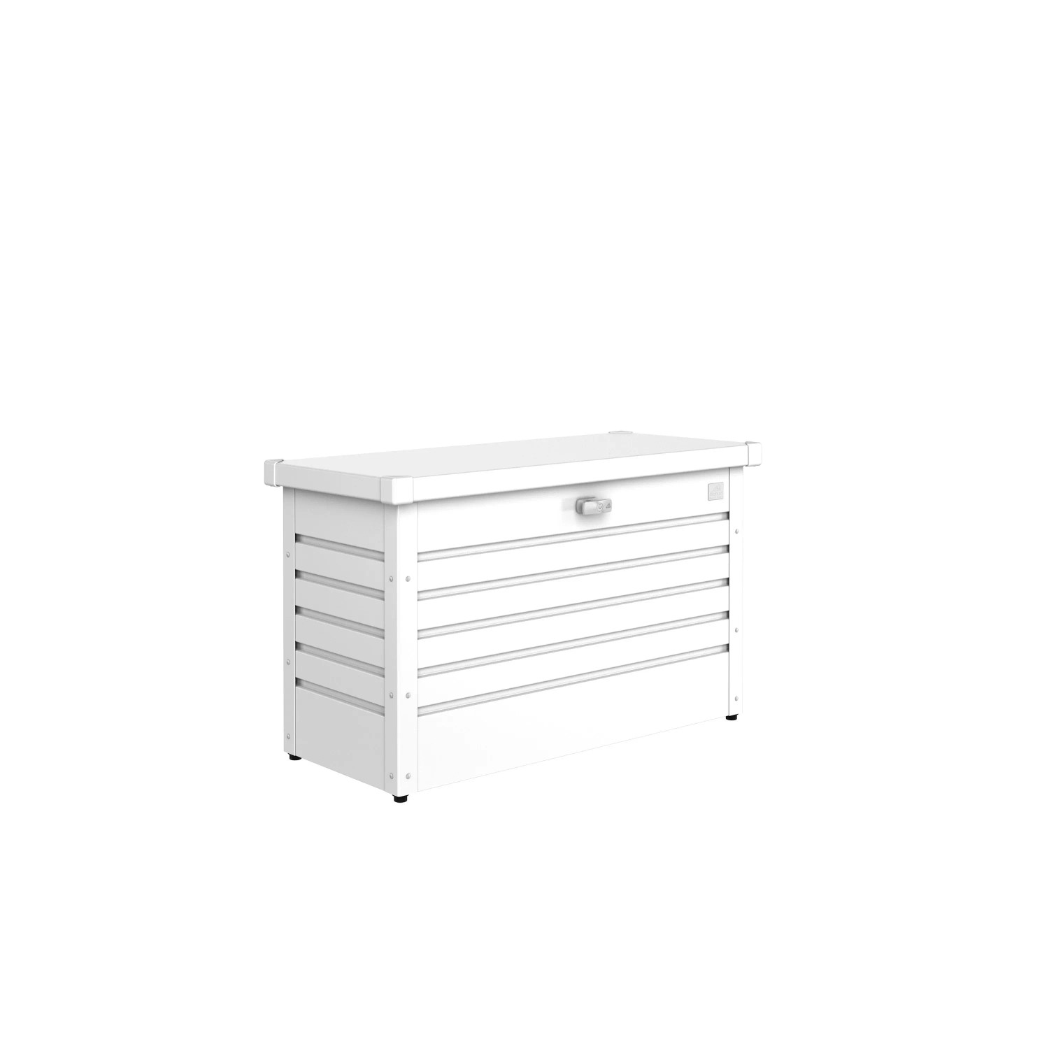 Weiße Biohort FreizeitBox 100 aus Metall mit Drehgriff-Zylinderschloss. Robuste Universalbox für Garten.