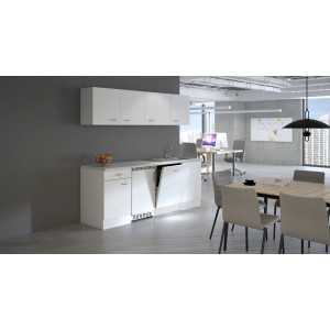 Flex-Well Classic Büroküche Wito 210 cm, weiße Singleküche mit Spüle und Geschirrspüler in Büroumgebung.