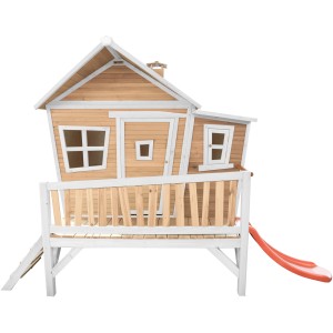 Axi Emma Spielhaus aus Holz in Braun-Weiß mit roter Rutsche. Kinderspielhaus für den Garten.