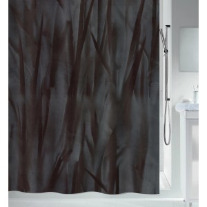 Spirella Duschvorhang Liv, 180x200 cm, schwarz mit abstraktem Muster im Badezimmer.