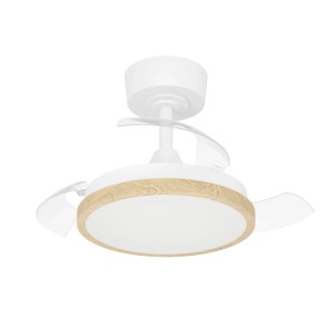Weißer Eglo LED-Deckenventilator Malpica mit Holz-Optik und transparenten Flügeln.