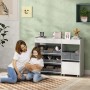Weißes AIYAPLAY Kinderregal aus MDF mit grauen Stoffboxen für Spielzeug und Bücher im Kinderzimmer.