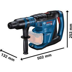 Bosch Professional Akku-Bohrhammer GBH 18V-40C mit Akkus und L-Boxx, seitliche Ansicht mit Maßangaben.