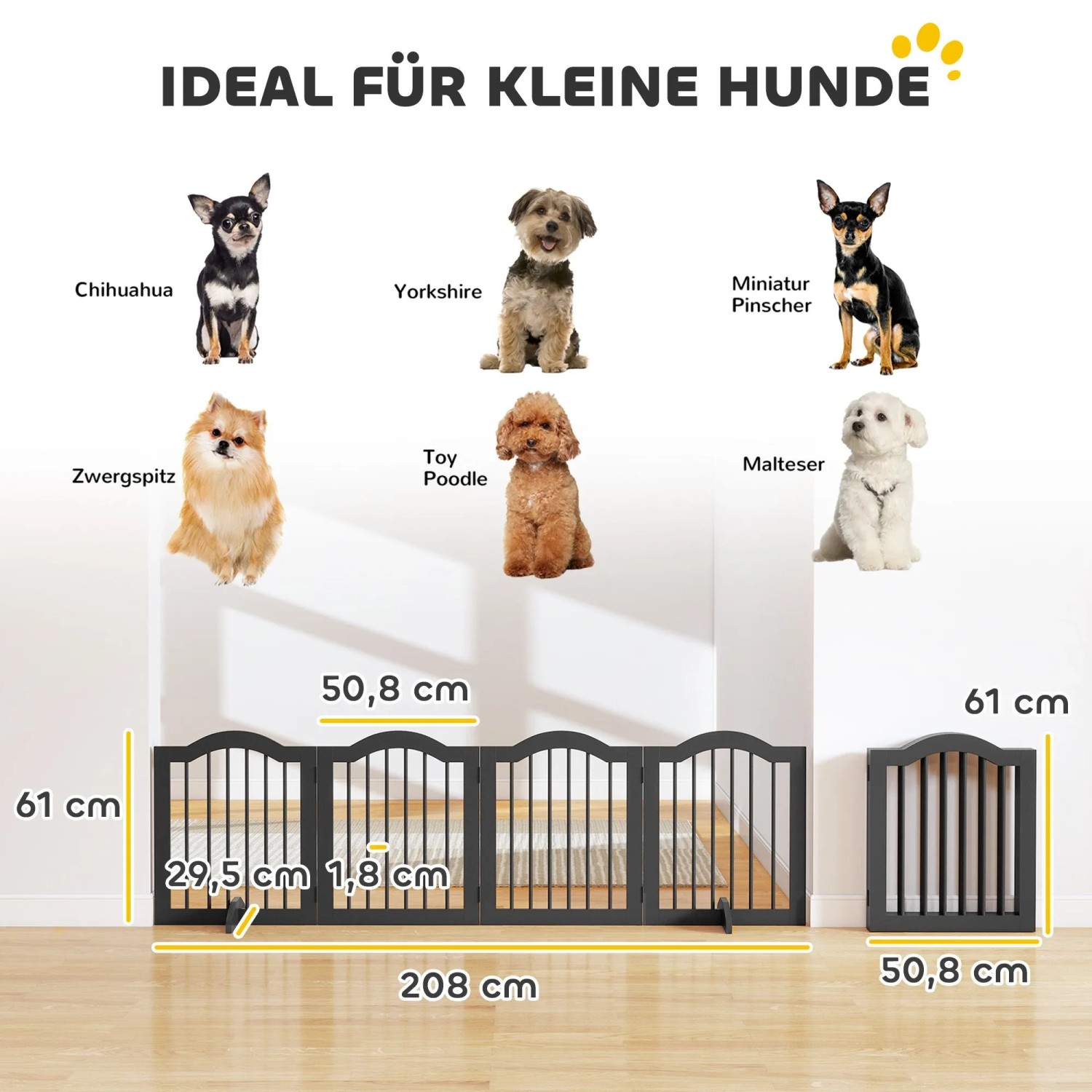 Schwarzes PawHut Hunde-Absperrgitter aus MDF/Holz, 208x61 cm, mit 4 flexiblen Paneelen für kleine Hunde.