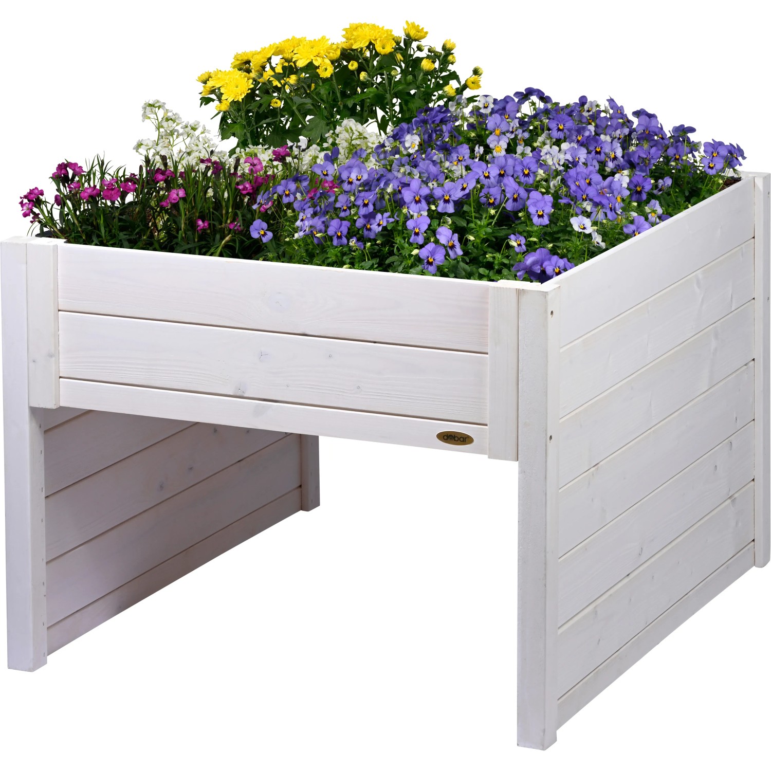 Weiße Dobar Mährobotergarage mit Pflanzkasten, bepflanzt mit bunten Blumen.