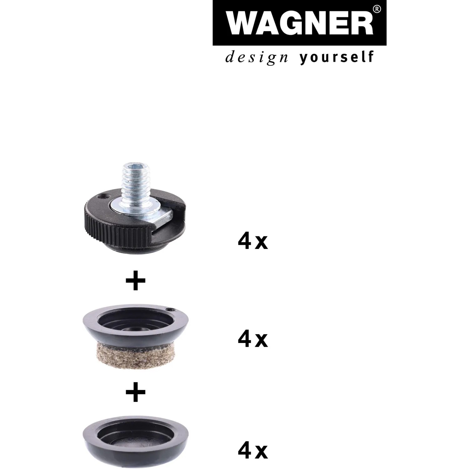 Wagner Verstellfuß Justus Slim QuickClick 4er Set mit austauschbaren Gleiteinsätzen.