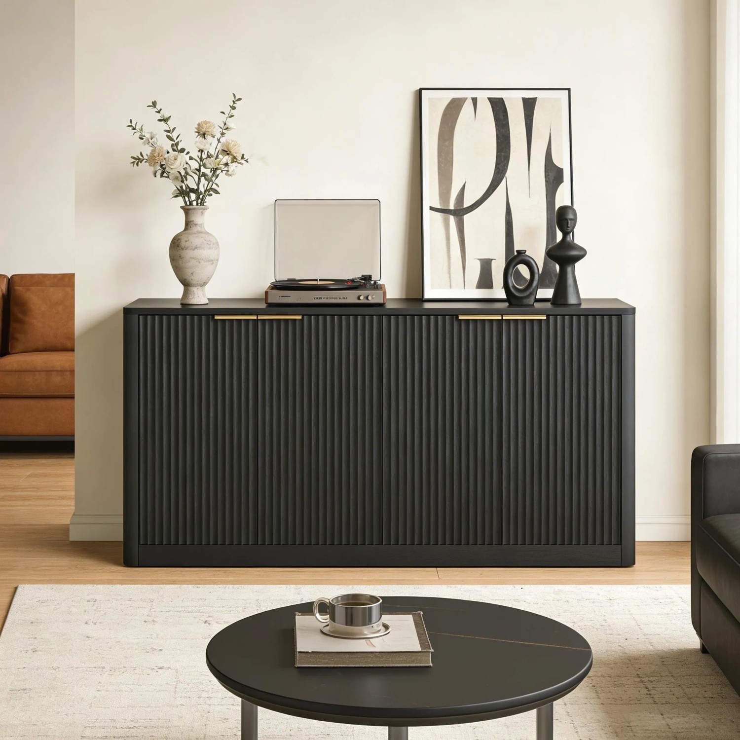 okwish Sideboard mit Wellenform Aufbewahrung Wohnzimmer 150x40x70cm Schwarz_2