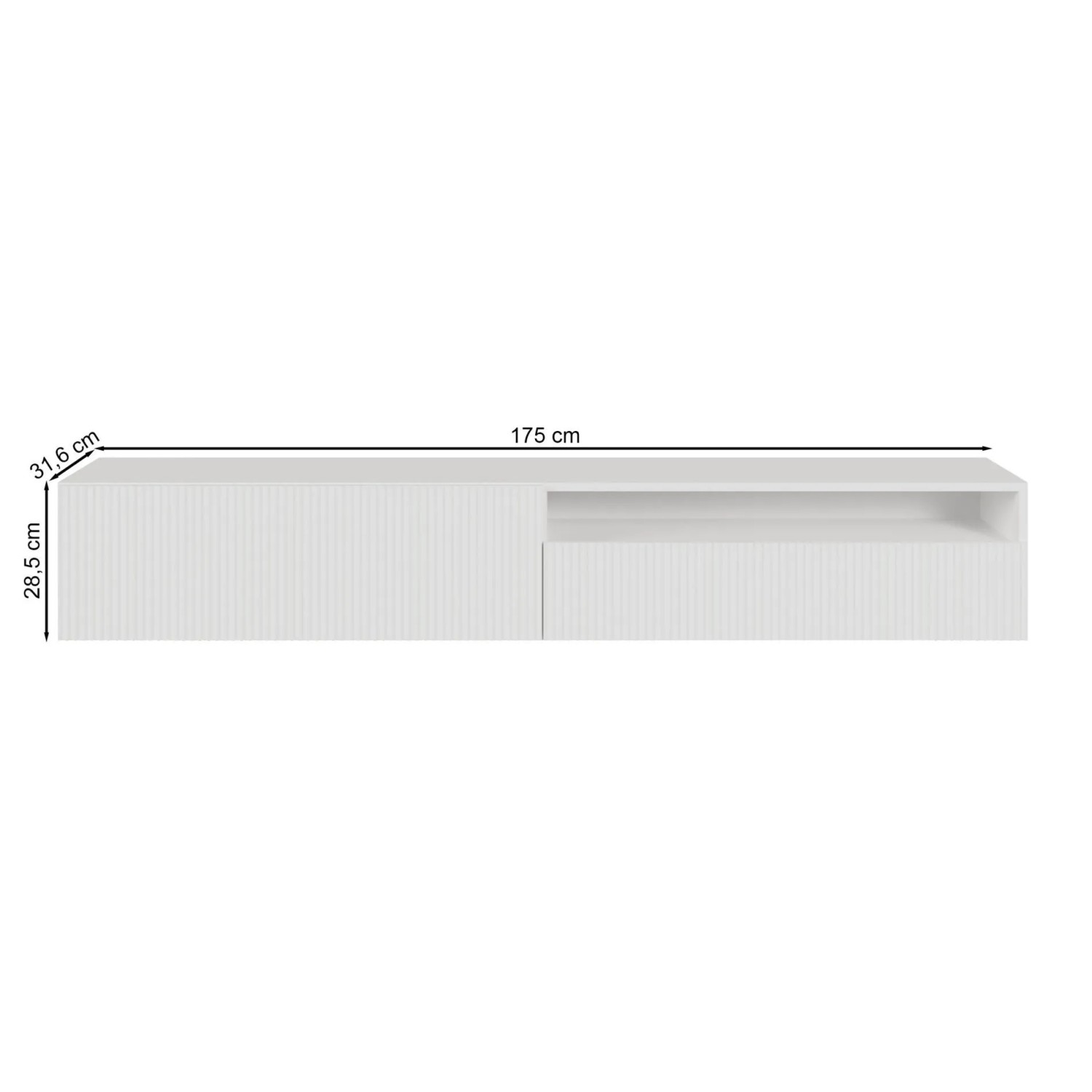 Weißes Selsey Veldio TV-Hängeboard, 175 cm breit, mit geriffelter Lamellenfront, offenem Fach und Maßen.