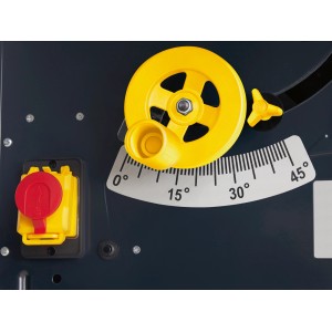 Detailansicht: CMI Tischkreissäge C-TKS-1600 eco mit Winkeleinstellung und Schalter.