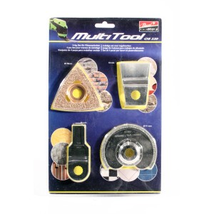 Multitool Zubehör-Set für Fliesenarbeiten, 4-teilig, mit Schleifer, Schaber, Tauch- und Segmentsägeblatt.