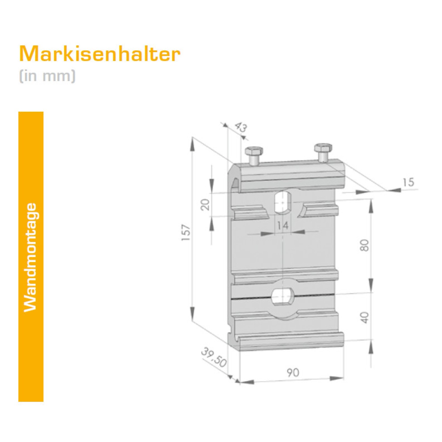 Technische Zeichnung des Markisenhalters für Wandmontage mit Maßangaben in mm.