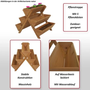 Anthrazitfarbene Pflanztreppe aus Holz mit 5 Pflanzkästen für Garten, Balkon oder Terrasse.