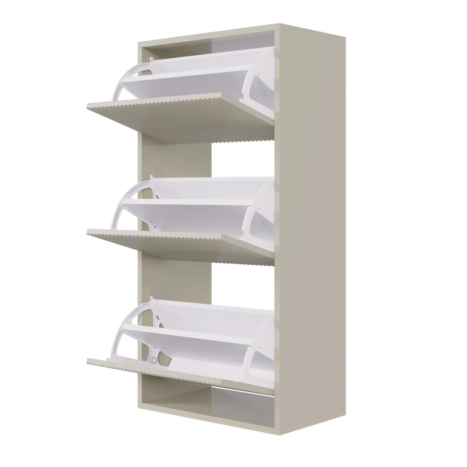 Hängender Selsey Schuhschrank Veldio in Greige, 50 cm, mit 3 geöffneten, geriffelten Kippfächern für Schuhe.