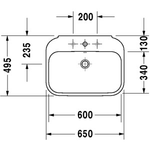 Technische Zeichnung: Duravit Happy D.2 Waschbecken, 65 cm, weiß, mit Maßen für Installation.