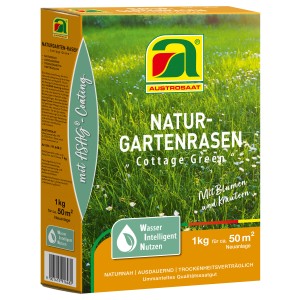 Austrosaat Naturgarten-Rasensamen Cottage Green, 1 kg Packung für ca. 50 m² Rasenfläche.