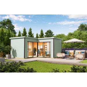 Lasita Maja Gartenhaus Domeo 6 in Gletschergrün mit Terrasse und Gartenmöbeln.