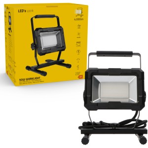 LED-Arbeitsleuchte, 50W, 4200lm, 4000K, IP65, robuster Baustrahler für Innen- und Außenbereich.