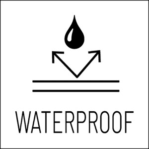 Symbol für wasserdicht: Tropfen, Pfeile und Schriftzug Waterproof.