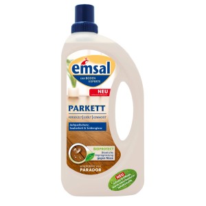 Emsal Parkettpflege in weißer Flasche mit blauem Deckel. Für versiegelte, geölte, gewachste Böden. Schutz & Glanz.