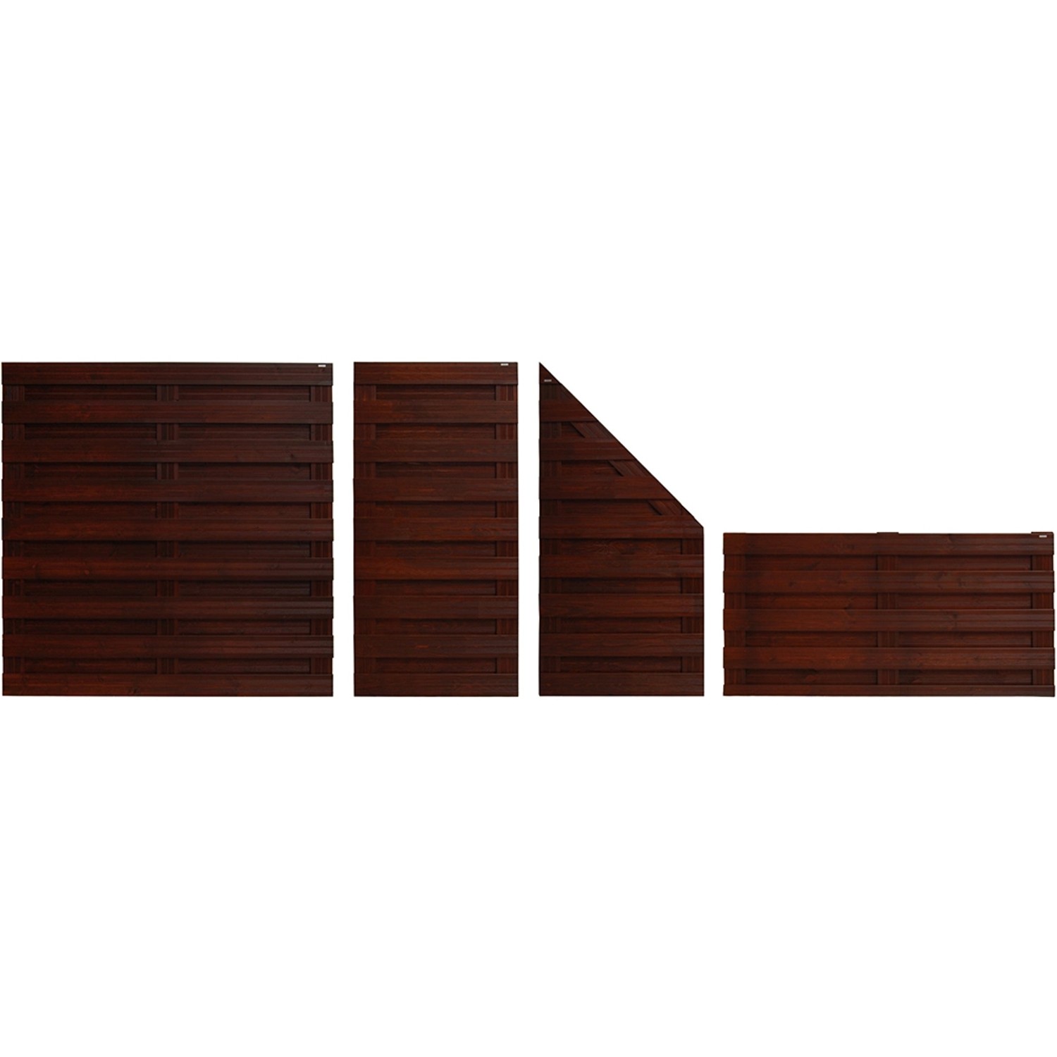 Braune Sichtschutzzaun-Elemente Goch, lasiert, in verschiedenen Formen und Größen.