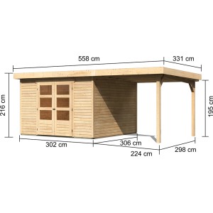 Karibu Holz-Gartenhaus Boras, unbehandelt, mit Anbau und Maßangaben.