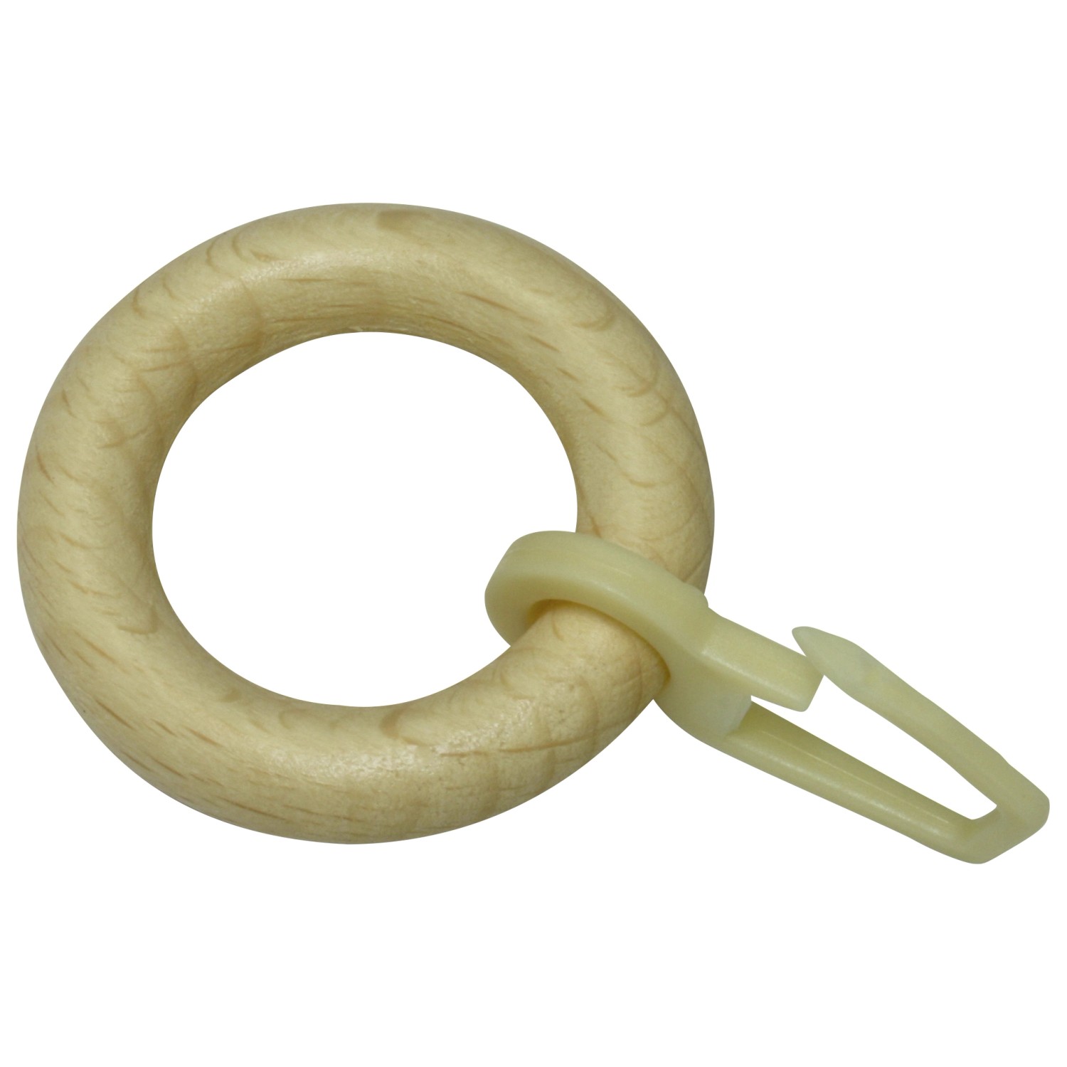 Holz-Gardinenring mit Faltenlegehaken für Vitragestange, Kiefer Natur.