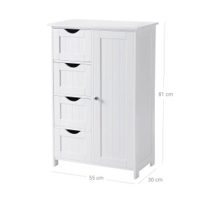 Weißes Vasagle Sideboard mit 4 Schubladen und einer Tür, Maße 30x55x81 cm.