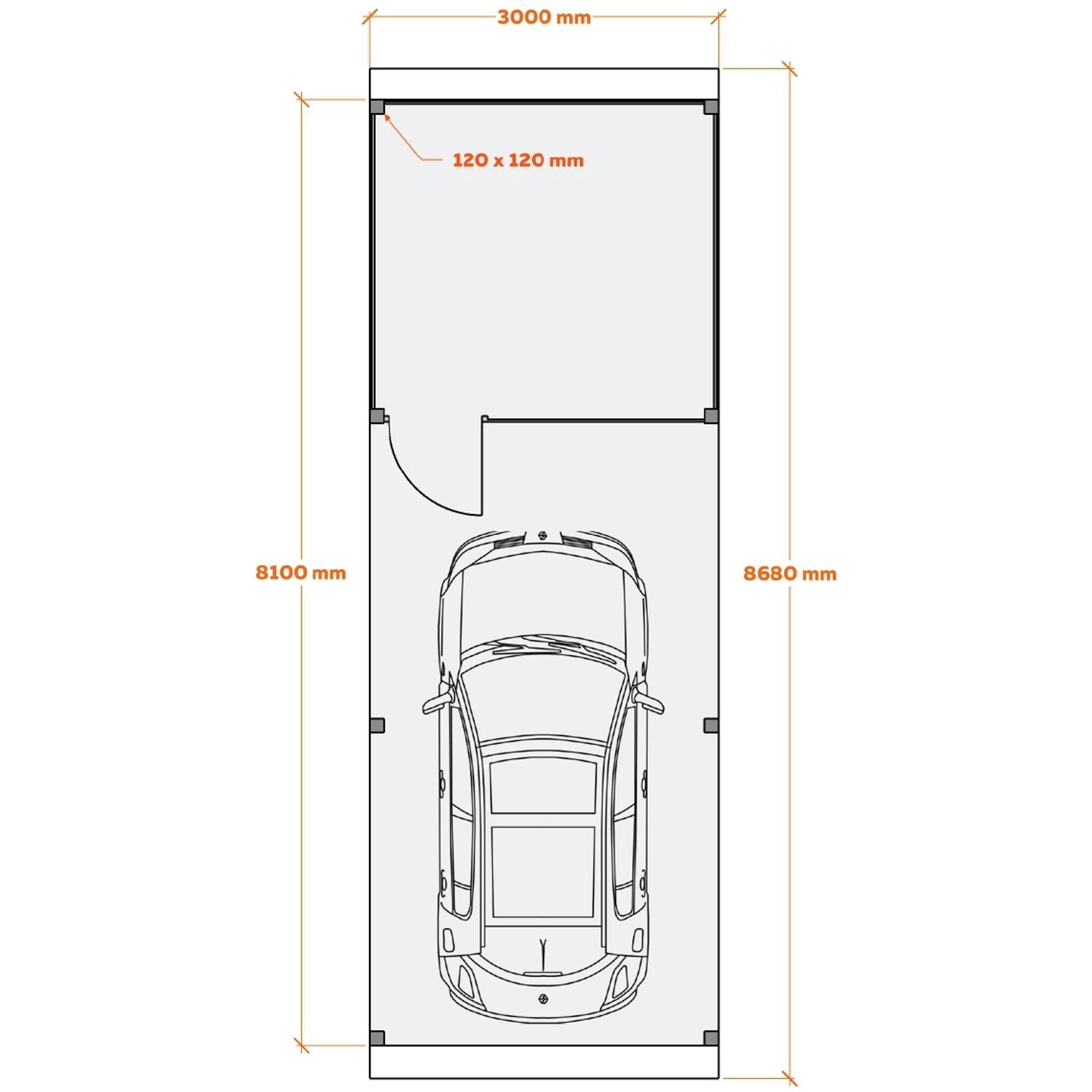 Grundrisszeichnung: Holzbrüder Carport Ralf mit Geräteraum, Maße 300x868cm, dunkelbraun.
