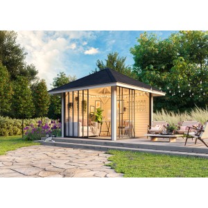 Quadratischer Palmako Pavillon Bianca Set201 mit Schiebetüren und naturbelassenem Holz im Garten.