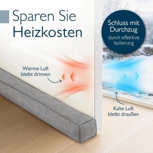 Grauer Beautissu Levante Zugluftstopper (6,5x80cm) vor Tür, hält Kälte ab.