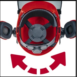 Einhell Forstschutzhelm BG-SH 2: Innenansicht mit Verstellmöglichkeiten für Kopfband und Gehörschutz.
