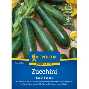 Kiepenkerl Zucchini Black Forest Saatgut: Dunkelgrüne, zylindrische Zucchini auf der Samenpackung.