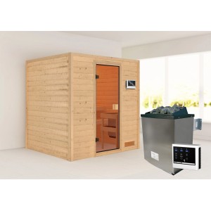 Karibu Sauna Adelina Set, naturbelassen, mit Ofen und Steuerung. Massivholzsauna für entspannte Momente.