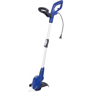 Blauer LUX Elektro-Rasentrimmer E-RT-450/25 mit Teleskopstiel und Pflanzenschutzbügel.