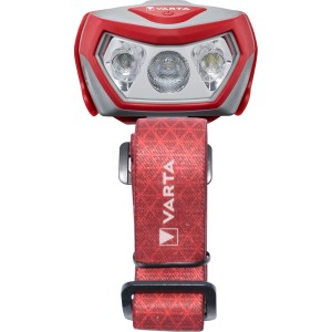 Rote Varta Outdoor Sports H20 Pro Kopfleuchte mit drei LEDs und verstellbarem Kopfband.