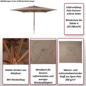 Quadratischer, bordeauxroter Holz-Sonnenschirm 4x4m mit Seilzug für Gastronomie.