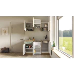 Flex-Well Singleküche Cara, 150 cm, Schilfgrün/Artisan Eiche, mit Kühlschrank und Kochfeld.