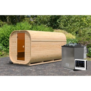 Karibu Fassauna Quadro 3 aus Fichte mit Ofen und Steuerung für entspannte Sauna-Momente.