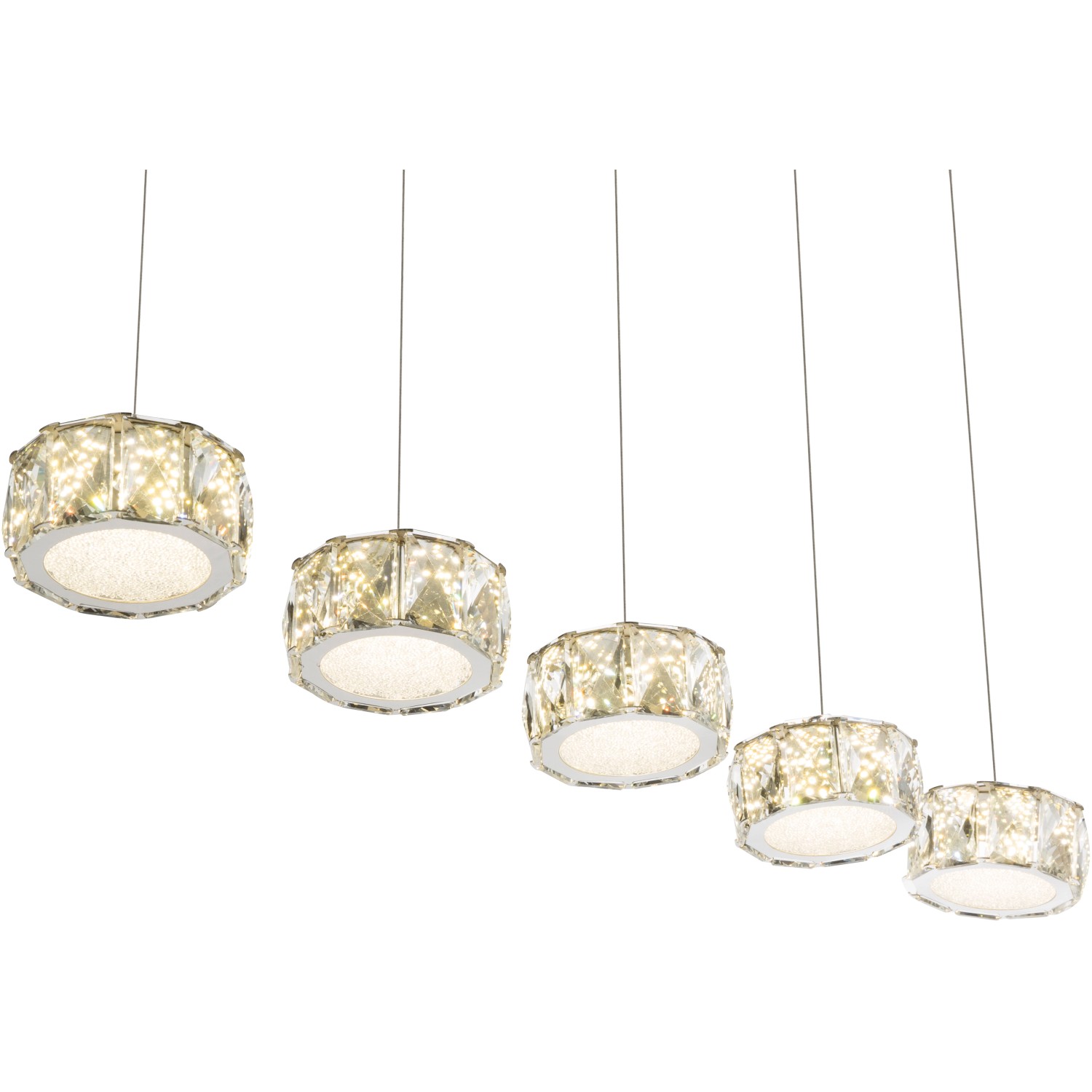 7-flammige LED-Pendelleuchte Amur in Chrom mit Acryl- und Glaskristall-Elementen.