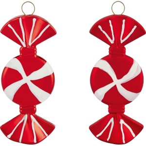 Baumschmuck-Set: 4 rote Bonbons mit weißen Streifen, Deko-Anhänger für Weihnachten.