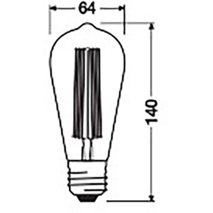Technische Zeichnung Osram LED-Leuchtmittel E27 ST64, Maße: 14 x 6,4 cm (H x Ø)