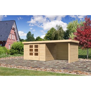 Karibu Holz-Gartenhaus Boras mit Flachdach und Anbau, unbehandelt.
