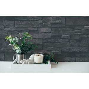 A.S. Création Vliestapete Steinmauer Schieferoptik Schwarz, Detailansicht mit Deko.