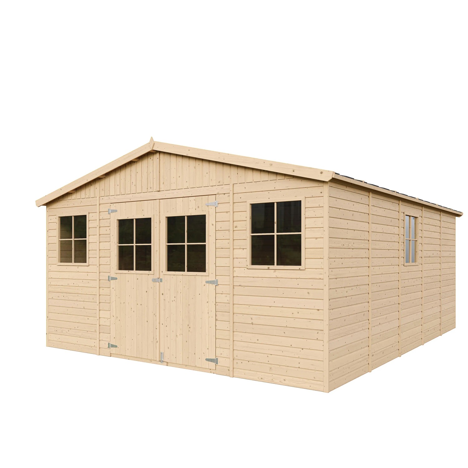 Timbela Gartenhaus M333, 19,77 m², Holz Abstellraum mit Fenstern.