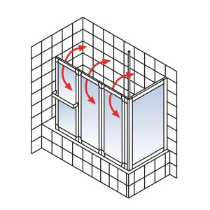 Schulte Badewannenfaltwand mit Seitenwand, 3-teilig, mit Drehfunktion und Deckenstütze.