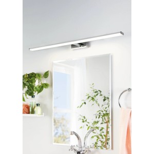 Moderne LED Spiegelleuchte Pandella 1 in Weiß, Chrom und Silber, 120 cm lang, für Badezimmer.