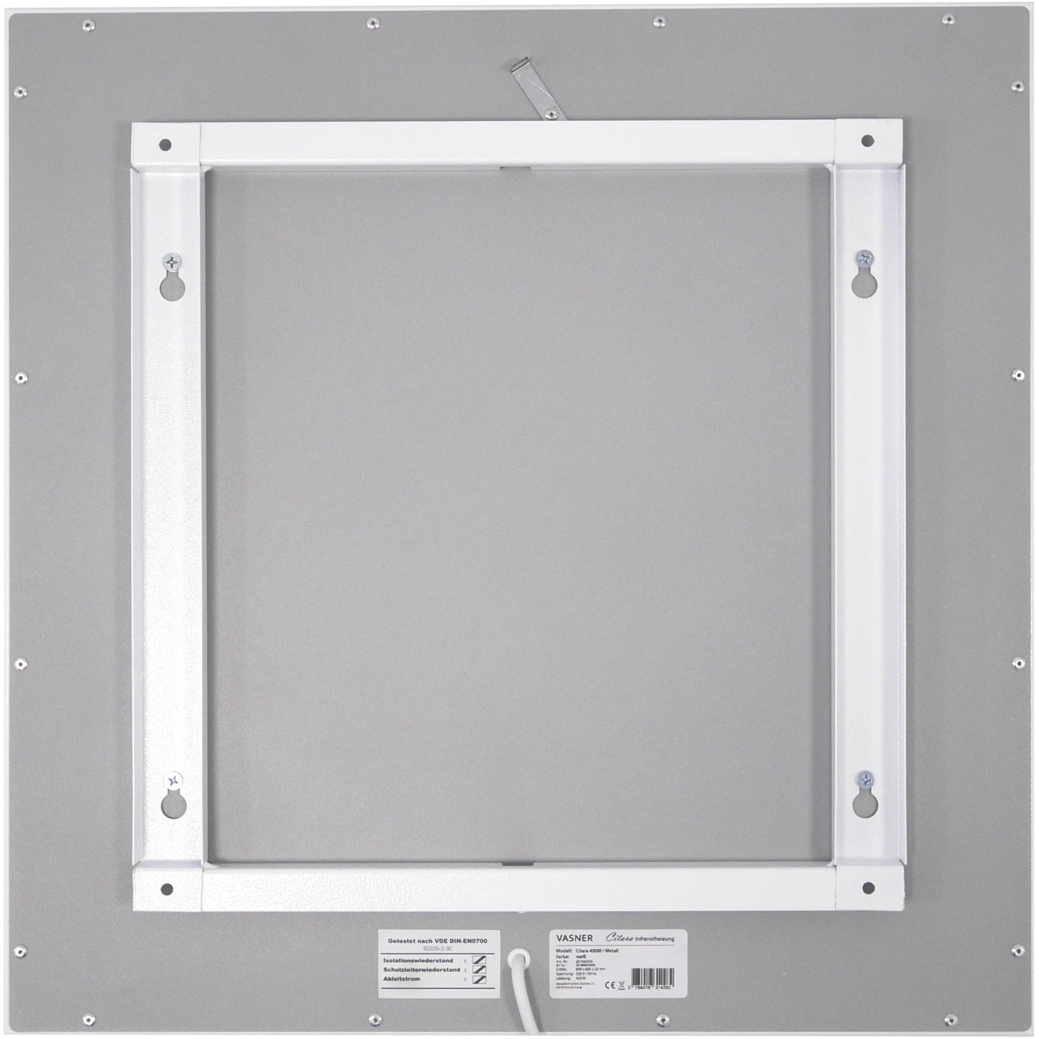 Rückansicht der weißen Vasner Infrarotheizung Citara M Metall 1100W mit Wandhalterung.